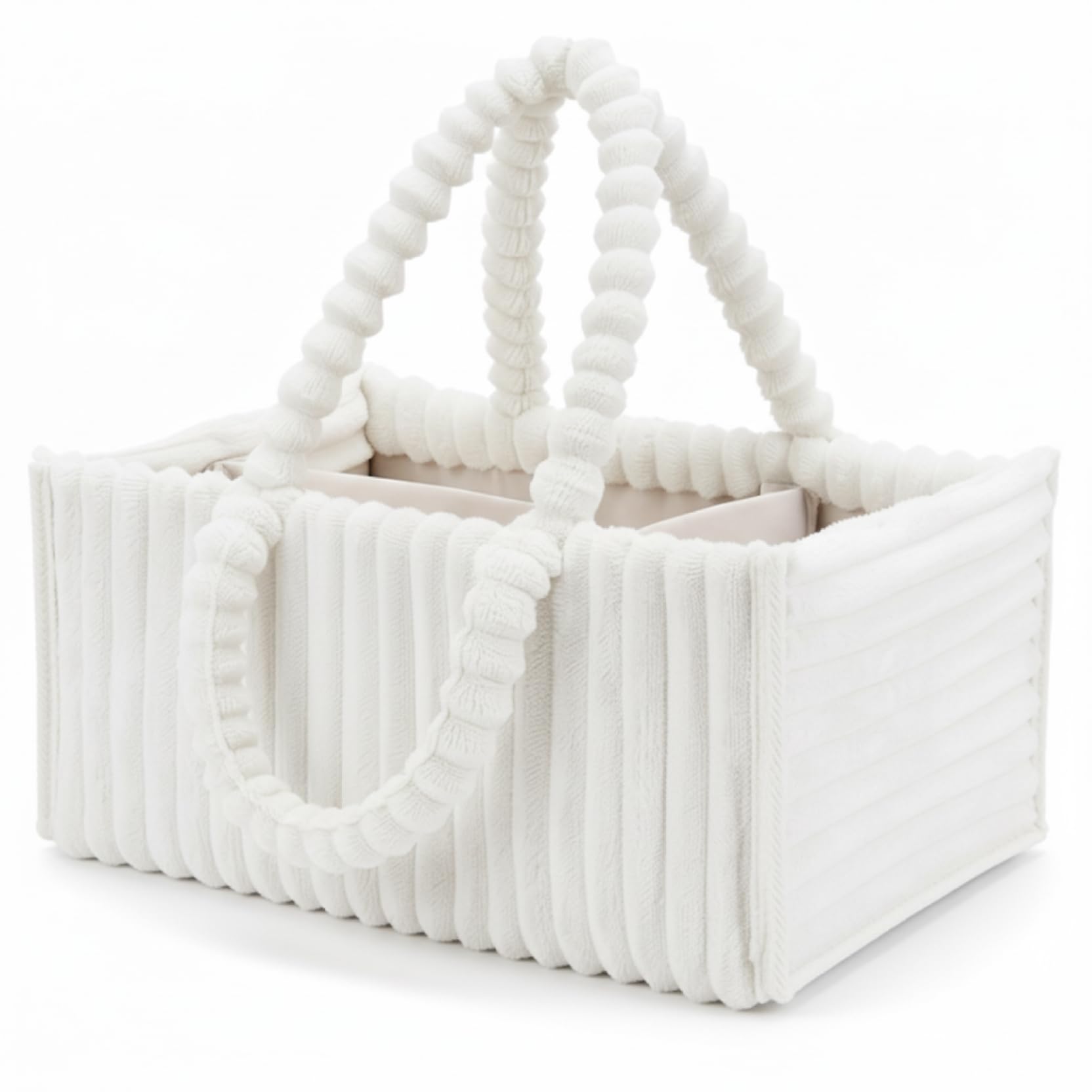 Baby Diaper Caddy, Portable Diaper Caddy with Removable Dividers, Soft Flannel Storage Bin for Baby Essentials, Toys, and Supplies, White
