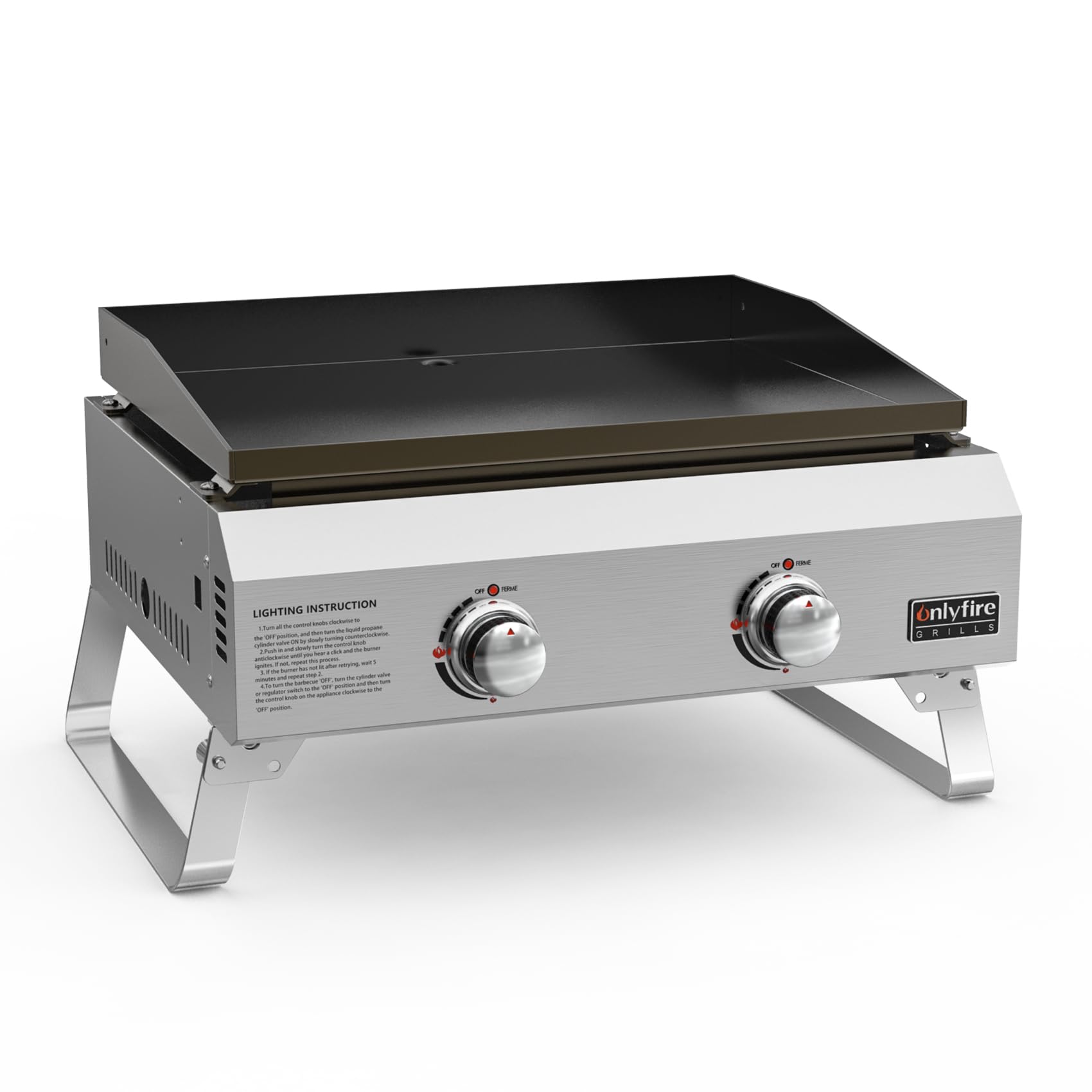 onlyfire Plancha à Gaz de Table en INOX, Barbecue Gaz avec 2 Brûleurs 4.7kW, Plancha 46x36cm avec Revêtement en Céramique Antiadhésif, Pieds Pliables pour Terrasse, Balcon et Camping