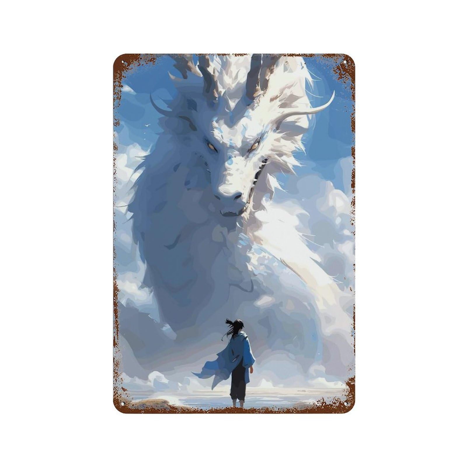 White Dragon 11.8"x7.9" Distressed Metal Wall Sign, Shabby Chic Decor for Shed, Workshop And Garage Wall Decor