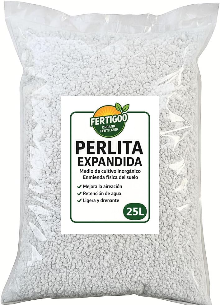 Fertigoo Perlita para Plantas 25L | Granulometria Gruesa 3-6mm | Sustrato Ligero de Jardineria Que Mejora Drenaje y Aireación en Macetas, Semilleros, Esquejes, Horticolas, Suculentas y Cactus.