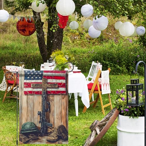 Image of Nuxovilar Veteran Garden Flag Rifle Boots Cross 12x18 Inches Polyester | Patriotic Flag, Memorial Banner veteran garden sign, military boots cross display yard, porch, lawn (Patriotic)