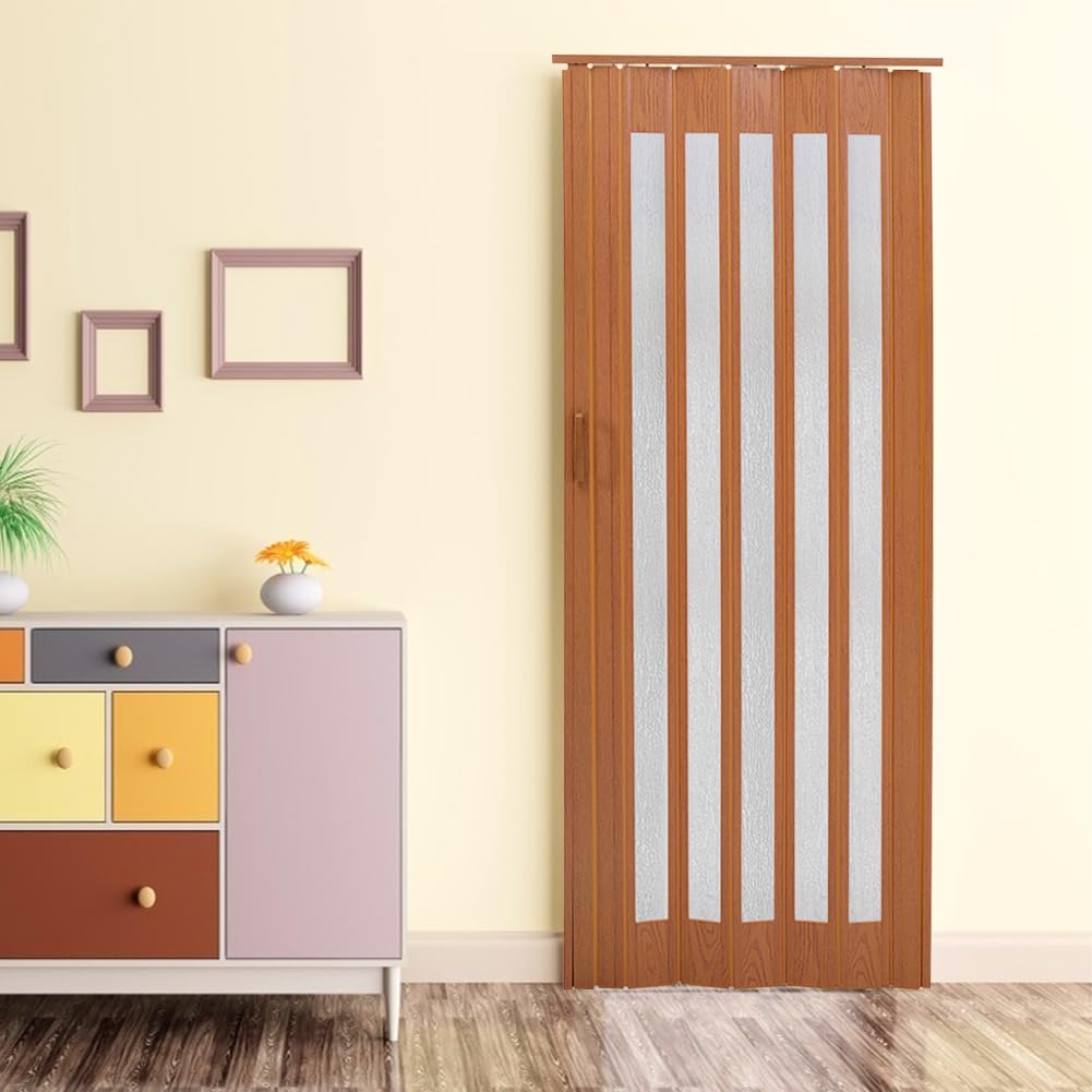 Warmiehomy Folding Door Sliding Concertina Door Natural PVC Plastic Features Artistic Patterned Glass Internal Doors Panel Divider (Natural, Thickness 10mm)