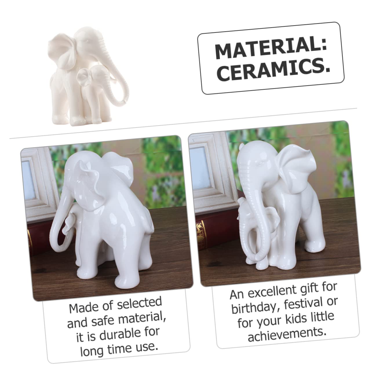 Didiseaon Estatua de Elefante Madre y Cría de Cerámica White