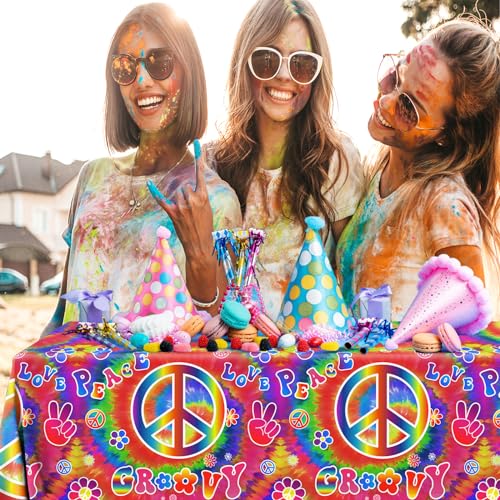 Image of Tie Dye Birthday Party Supplies, 60's Hippie Theme Tablecloth 3Pcs Groovy Hippie Table Cover Peace Love tie dye Table Cloths for Parties
