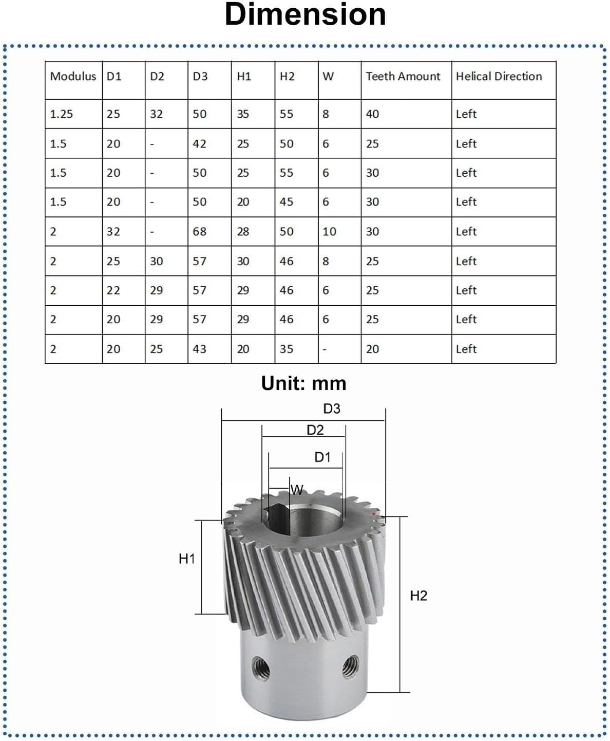 ELLANA Transmission Angle Left Hand Helical Gear 1.25M 1.5M 2 Module 20T 25T 30T 40T 50T Spiral Helical Gear Machine Transmission System Helical Rack Gear Driver Shaft (Color : 2M 30T 32mm bore)