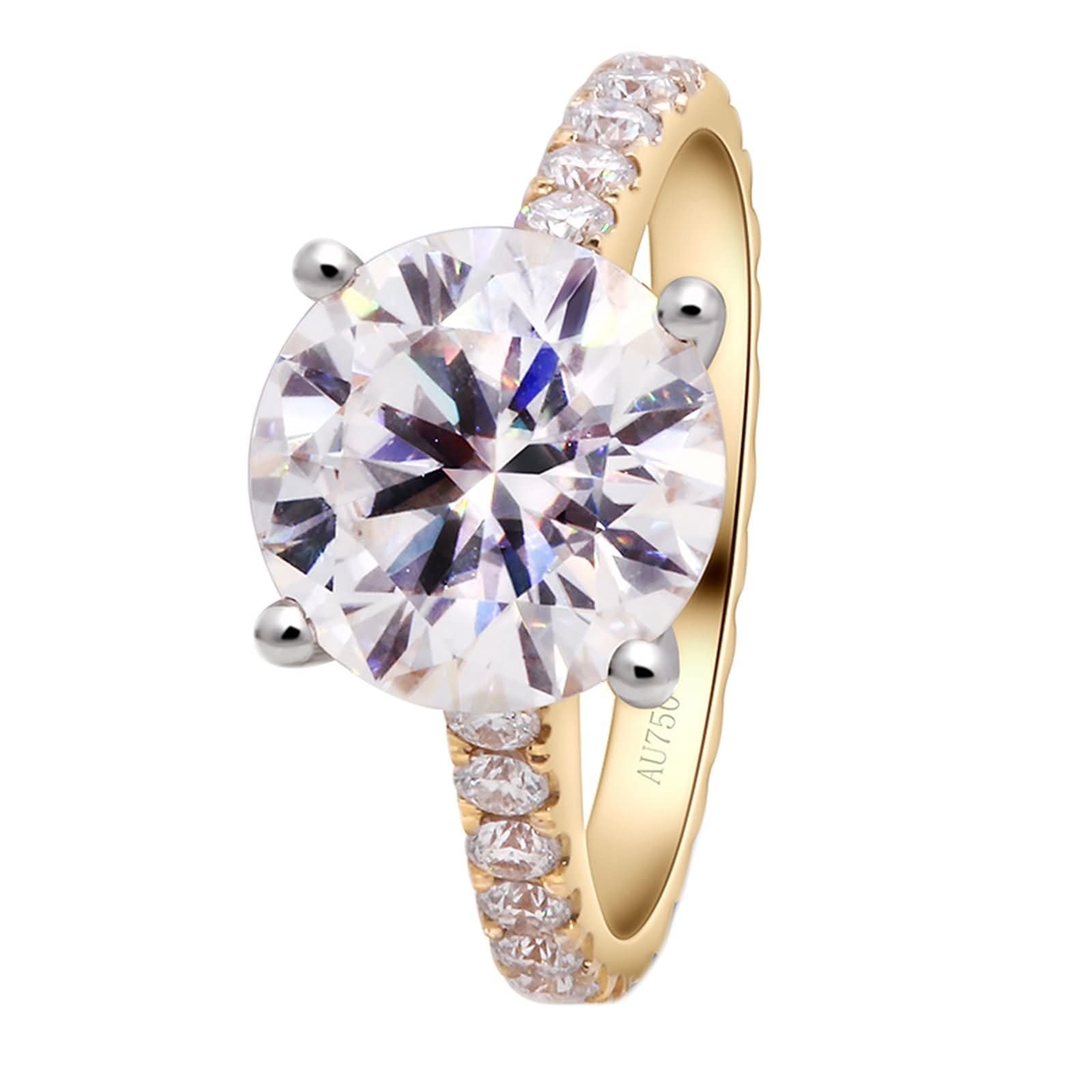 Pierścionek damski z prawdziwego złota, z żółtego złota, pierścionek ślubny, 4 ct, moissanit, okrągły krój, 4 ząbki, 14 K/18 K, dla kobiet