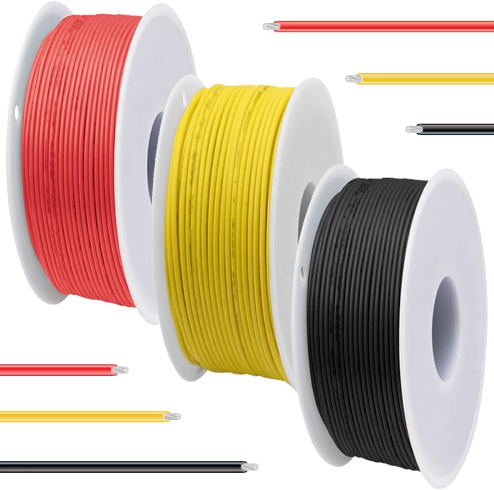 22 Gauge Silicone Wire 600V 22 AWG Stranded Tinned Coated Copper Wires 3 Color (Black, Red, Yellow) 7m/23ft Each Electrical Cable Hook Up Wire Kit for 3D Printer, Model Car