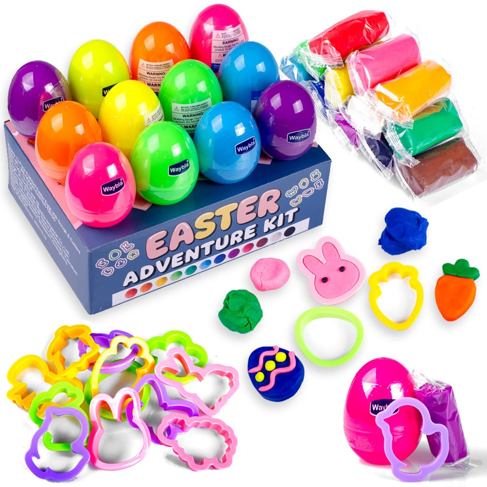 Waybla 12-Pack Prefilled Easter Eggs with Modeling Dough & Easter-Shaped Cutters, Non-Candy Easter Gift Easter Basket Stuffers for Kids