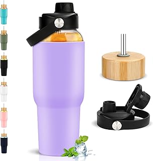 PROBTTL Glass Water Bottles 32 oz, 1 Liter Glass Tumbler, Borosilicate Water Bottle with Straw, Silicone Sleeve, 2 Lids - Handle Spout & Bamboo Straw Lid, Fits Car Cup Holder (Violet)
