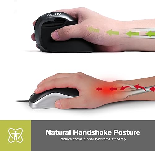 Miniatura 2 de DELUX Mouse vertical inalámbrico, ergonómico pequeño mouse recargable con BT 5.0 y nano receptor, 6 botones y 4 DPI ajustables que reducen el dolor
