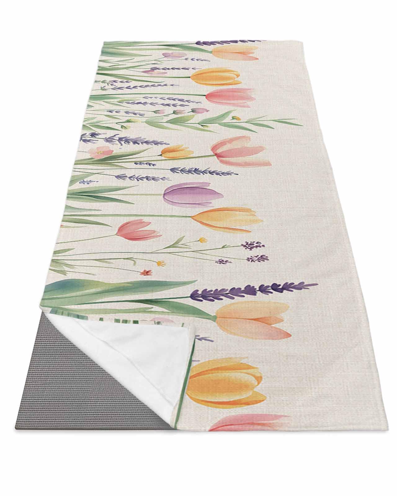 BOSIJOY Yoga Mat Towel,Watercolor Flower Green Leaves Non Slip Sweat Absorbent Hot Yoga Towels with Corner Pockets,Spring Tulip Lavender on Linen Soft Microfiber Towel for Pilates Bikram 74