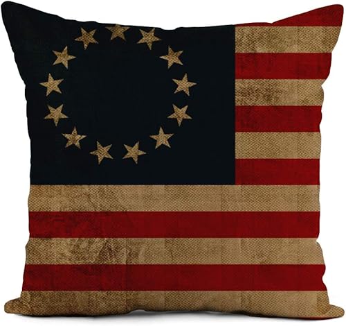 Funda de almohada de 20 x 20 pulgadas, diseño colonial Betsy Ross de aspecto vintage, bandera patriótica, envejecida, decoración del hogar, fundas