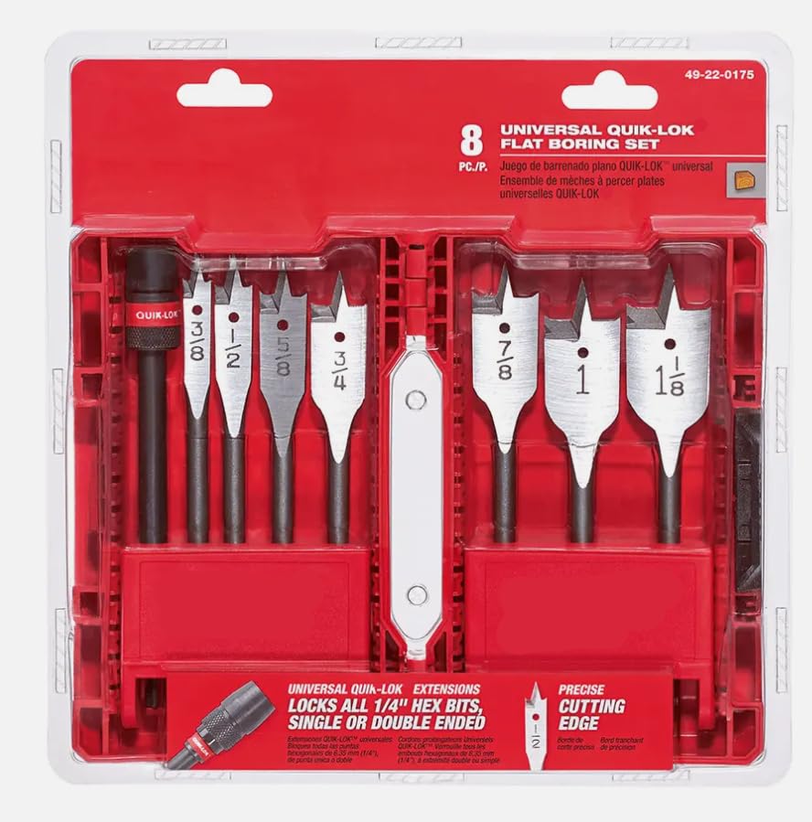 Compatible with Milwaukee 49-22-0175 8PC 6-Inch Versatile Universal Flat Boring Bit Set