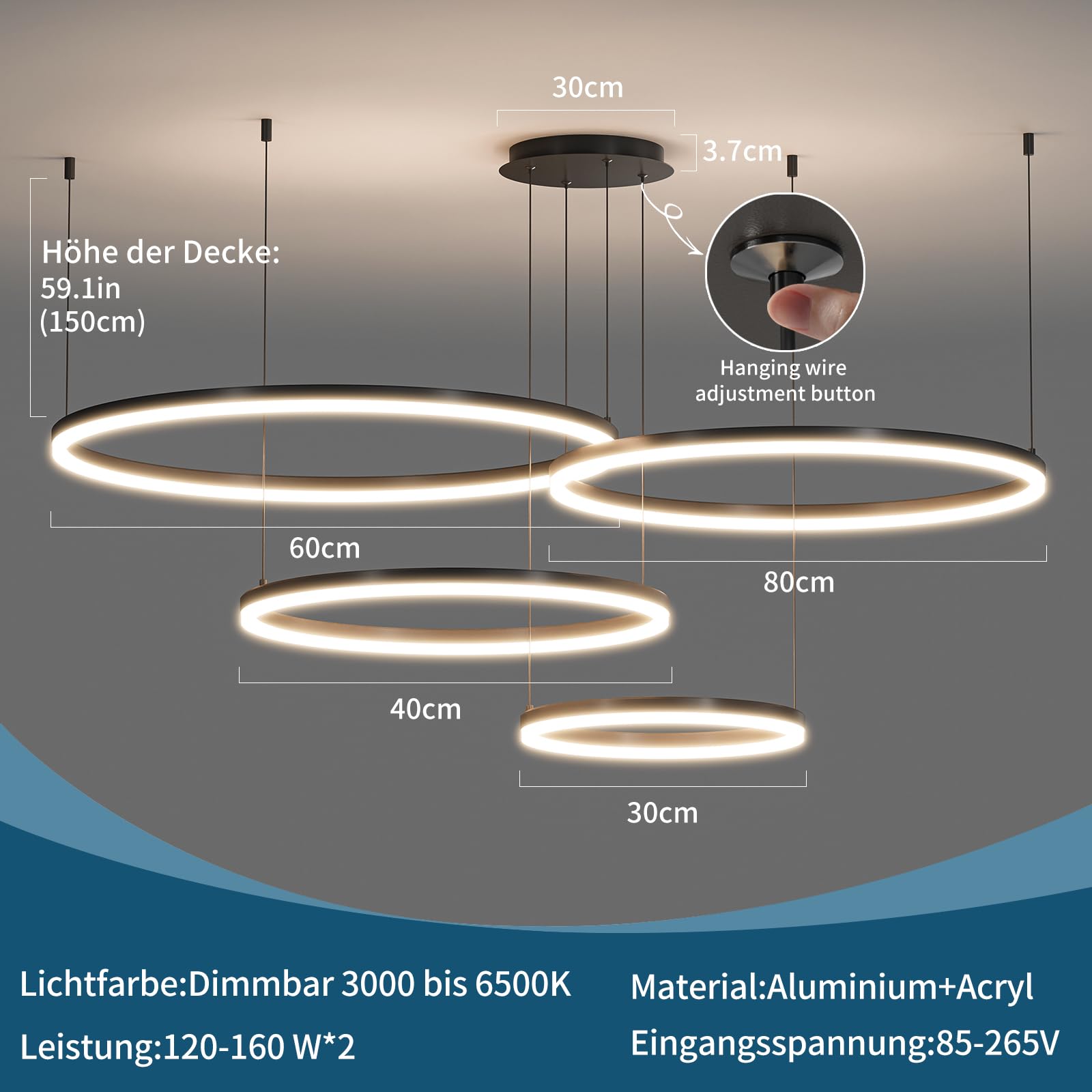 Lampadario LED Moderno 4 Cerchi - &Oslash;30+40+60+80cm, Dimmerabile, Telecomando, 135W, 3000-6500K