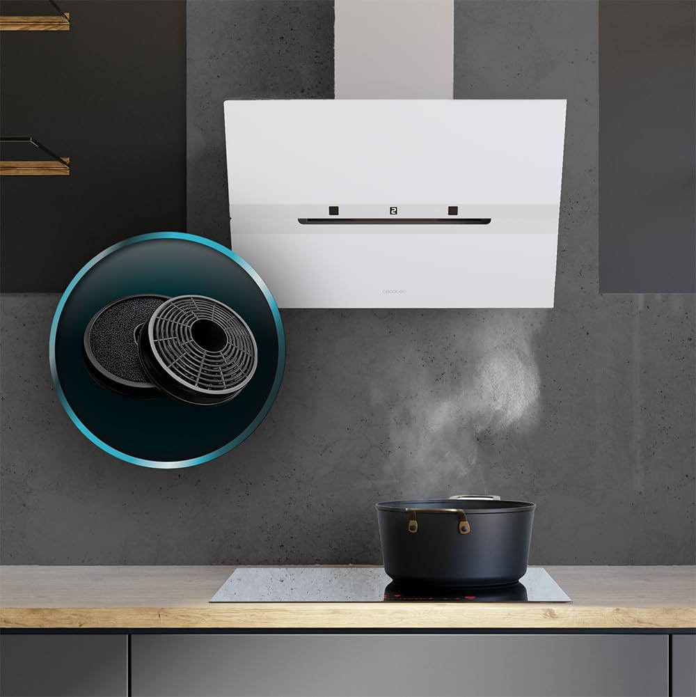 Cecotec Campana Extractora Decorativa 60Cm Bolero Flux Dt 608010 Glass White A++. Acabado Vidrio Blanco, Chimenea Inox, Succión 800M3/H, Motor 210W, Apertura Automática, Filtro Carbono