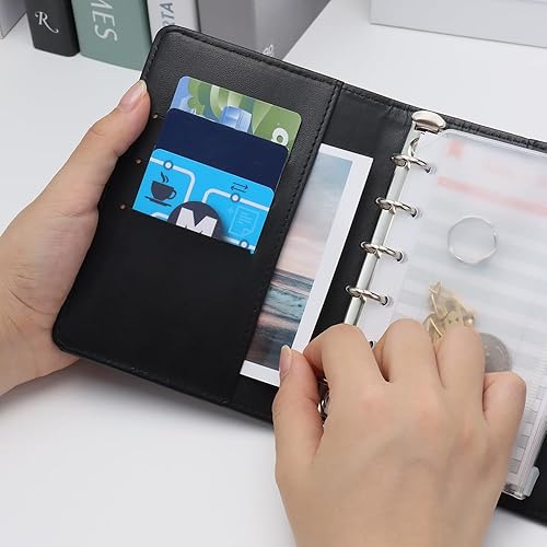 Miniatura 9 de Carpeta de presupuesto de cocodrilo A7, carpeta planificadora de cuero marrón, carpeta de 6 anillos con cierre a presión, sistema de sobres de