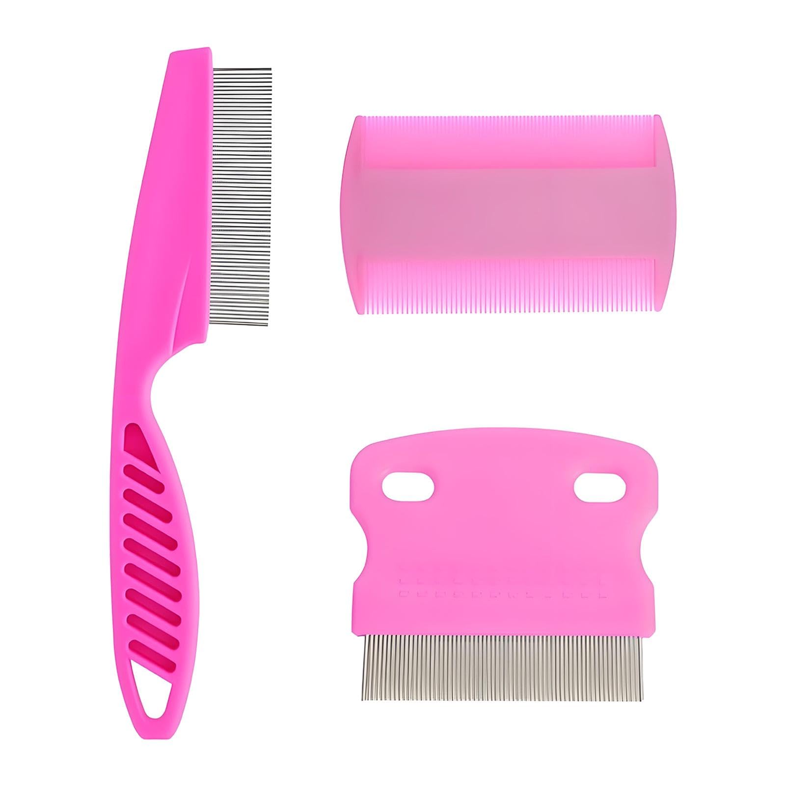 Xelmorant Flea & Lice Comb Set 3pcs Durable Fine Tooth Pet Grooming Tools Tear Stain Remover for Dogs & Cats Pink