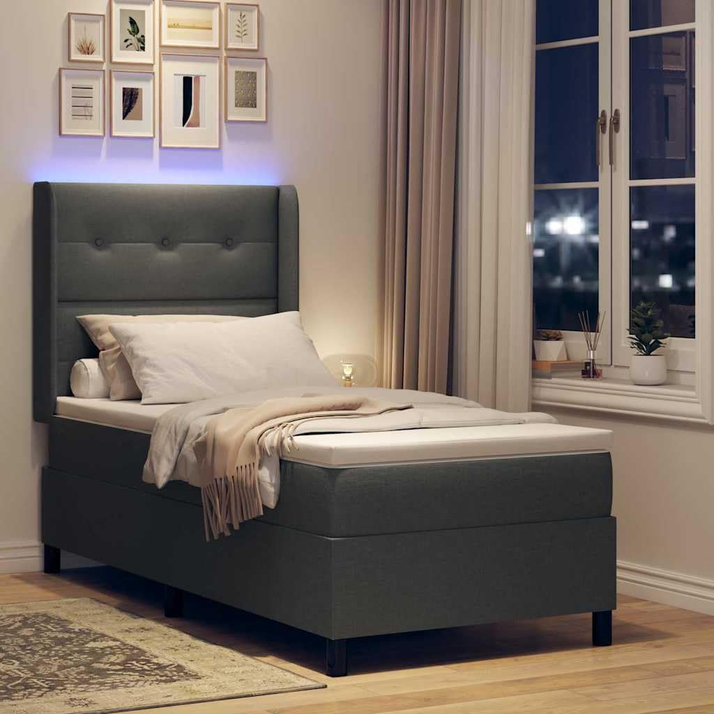 Cama con somier LED gris oscuro con cabecero, 80 x 200 cm, tela, cama de madera maciza con somier y colchón, tiras LED RGB, cabecero ajustable, cama individual compacta para dormitorio
