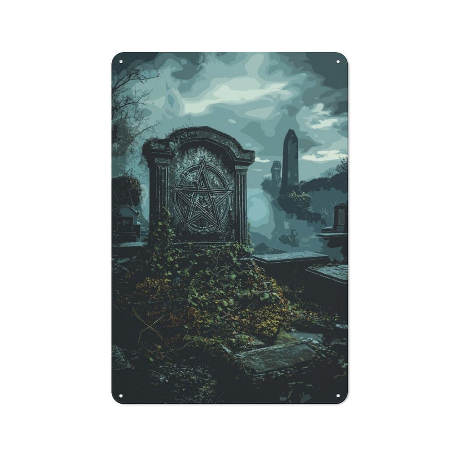 Rustic Graveyard with Pentagram Tin Wall Plaque 30x20cm, Rustic Kitchen Decor for Cottage, Kitchen, Hallway Or Breakfast Nook