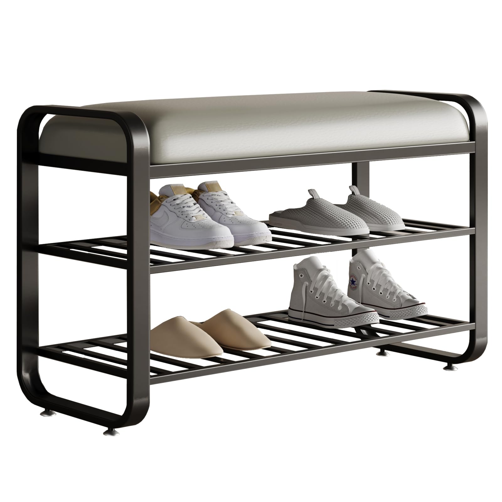 BUZUEY shoe bench,entryway bench with shoe storage,modern shoe rack bench with cushion upholstered padded seat 3 Tier metal shoe storage bench for