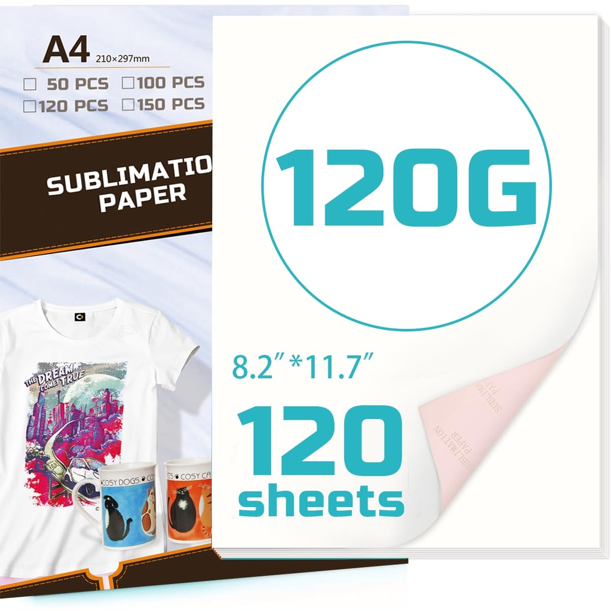 LetCartMaker Sublimation Paper A4, Sublimation HTV for Dark/Light Fabric, High Transfer Rate Heat Transfer Vinyl for DIY T-Shirts Hat Bag Mug Craft Supplies(120g, 120 Sheets)