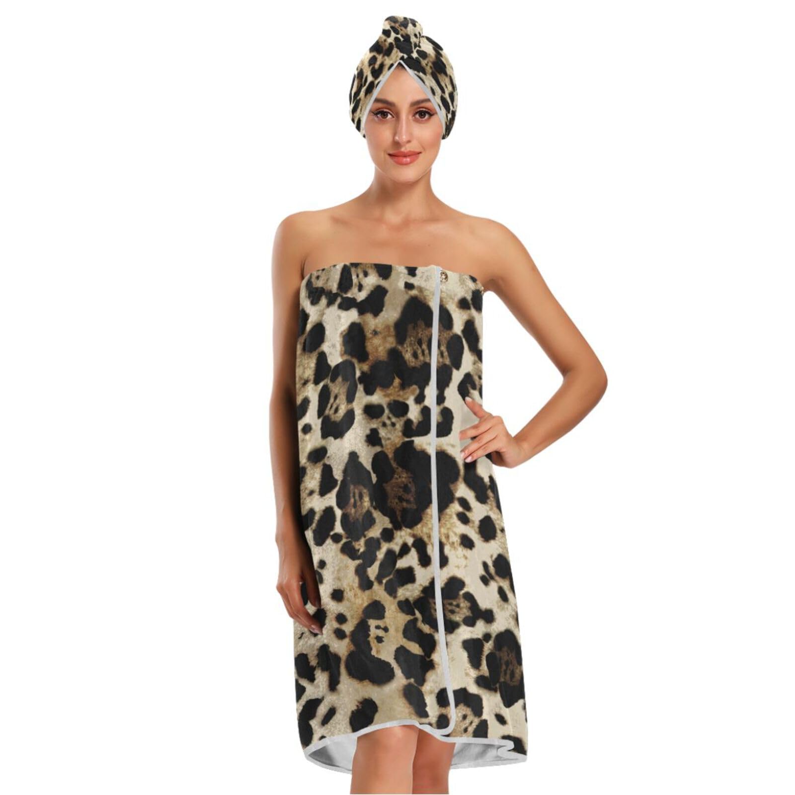LI ZHI XIN Women Bath Wrap Towel Set Bathrobe Drying Hair Cap Leopard Print Animal Stripes