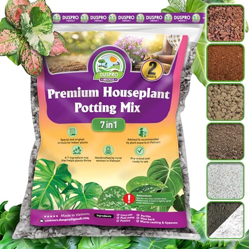 DUSPRO 2QRT Pre-Mixed House Plant Soil Aroid Potting Mix 7-in-1 with Coco Coir Peat Moss Perlite Worm Casting Pumice Pine Bark & Gypsum Tropical Potting Mix for Indoor Plants Herbs