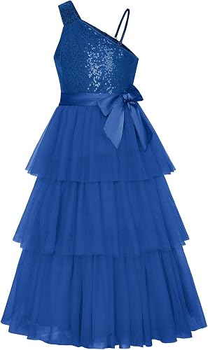 GRACE KARIN Girls One Shoulder Sequin Tulle Dress Formal Party Holiday Maxi Dres