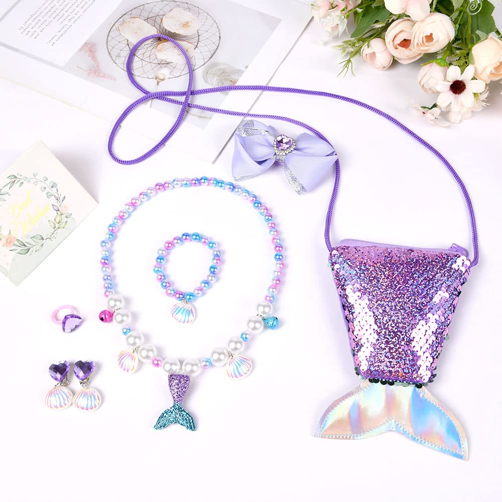 OSDUE Girls Princess Borse, Gioielli Bambina Borsa Ragazzine, Borsa della Peluche con Collana, Peluche Borsetta Bambina con Collana Bracciale Anello e Orecchini Set, Giochi di Ruolo Regalo Ragazza