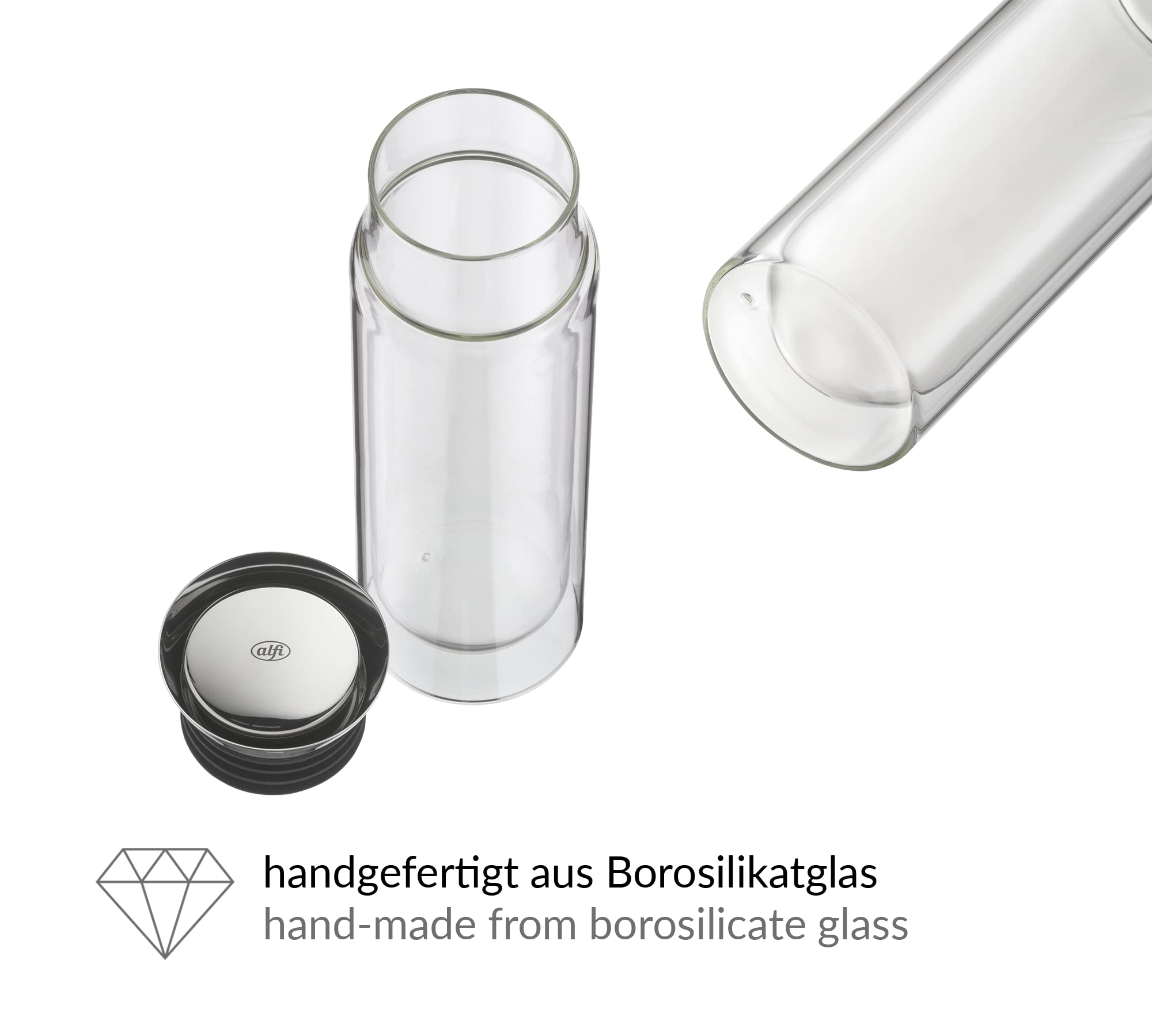 Alfi FLOWMOTION 0,75l, de Vidrio de borosilicato de Doble Pared, vertido automático, criba integrada, Tapa Desmontable, Apta para lavavajillas, Jarra de Vidrio isotérmica