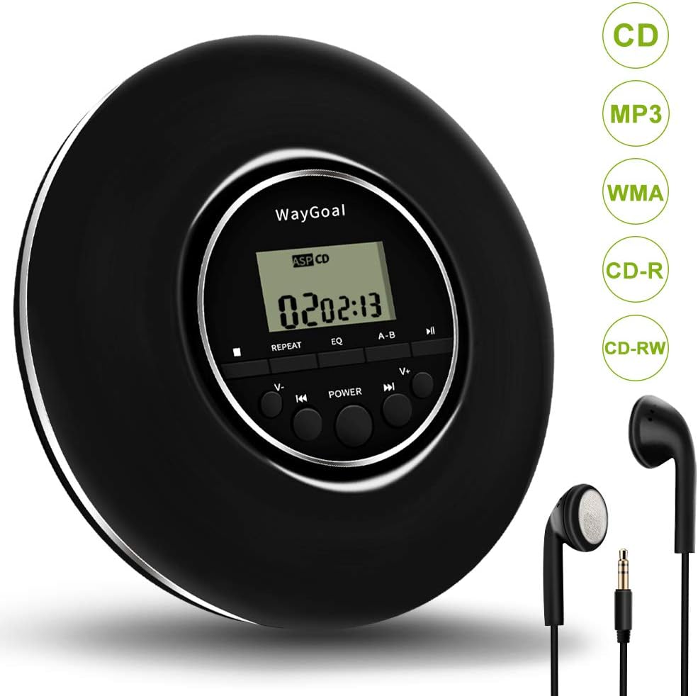 Personal CD Player, WayGoal Portable CD Player with Headphones Mini Compact Discman Walkman Support Last Memory Anti-Skip Protection LCD Display for Audio Book, Gifts for Kids Children & Adult - Black