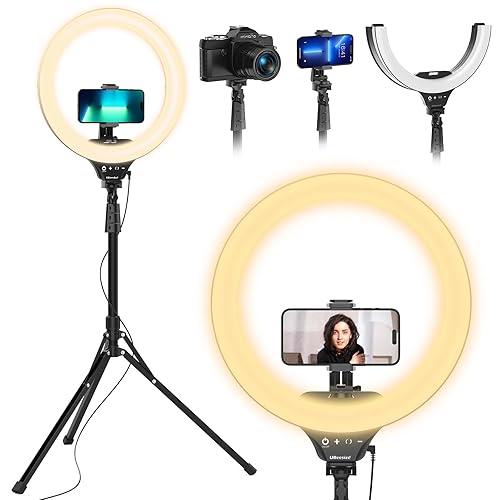 UBeesize 14'' Foldable Ring Light with 62'' Tripod Stand and Phone Holder, LED Selfie RingLight for iPhone with Remote, Circle Light for Tiktok/YouTube/Photography/Makeup/Live Stream - 14in - Black