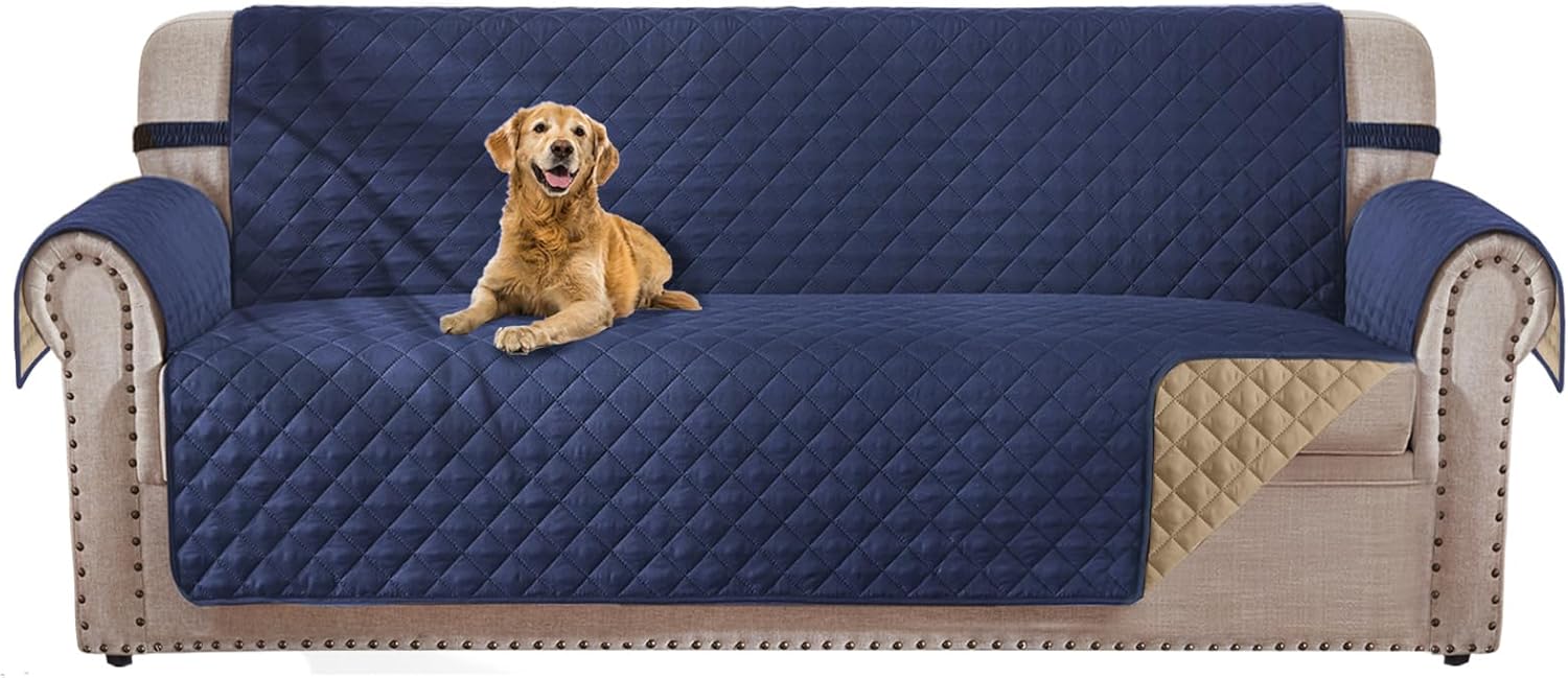 Reversible 4 Seater Couch Cover for Dogs Water Resistant Washable Pets Furniture Protector Sofa Cover with Elastic Straps (88" Sofa, Navy Blue/Camel) Navy Blue/Camel 88"Sofa-XXLarge