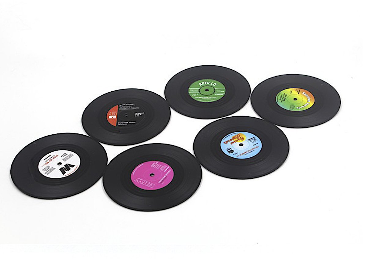 Gift Republic 12607 - Set 6 Sottobicchieri In Vetro Stile Vinile Retrò, Diversi Dischi, Antiscivolo