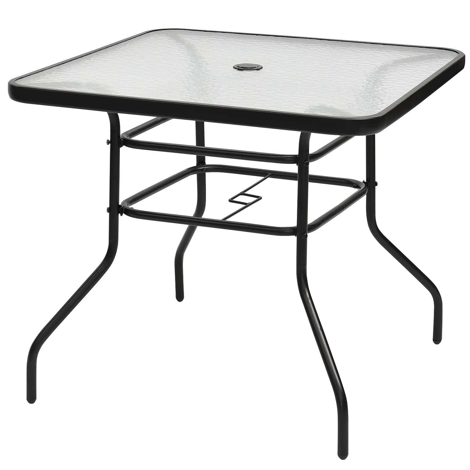 GYMAX Tavolino da Giardino in Metallo e Vetro Temperato, Tavolino da Esterno Elegante con Foro per Ombrellone, Ideale per Terrazzo, Cortile e Bar (80 x 80 x 72cm)