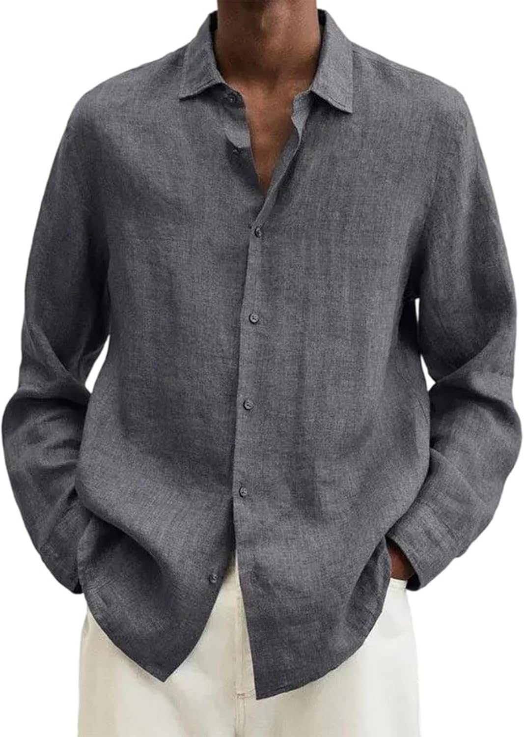 Cotton Linen Shirts for Men Button Down Casual Loose Fit Long Sleeve Summer Beach Shirts Vacation Tops