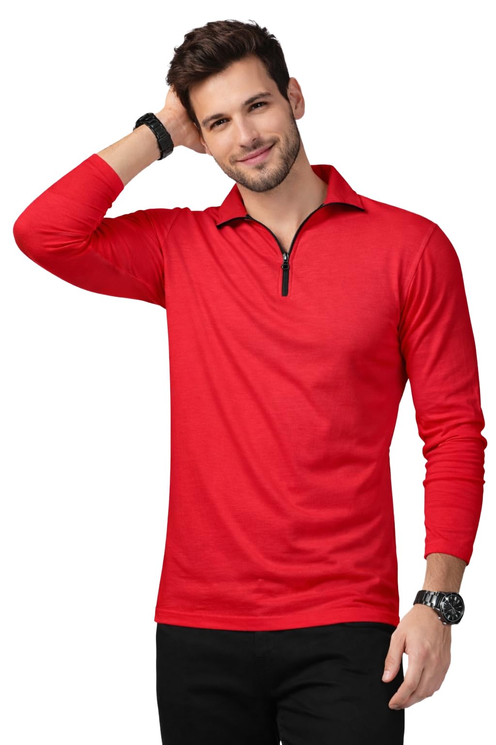 Men's Regular Fit Casual Full Sleeve Polo Neck with Zip Neck Detailing T-Shirt-picture-11