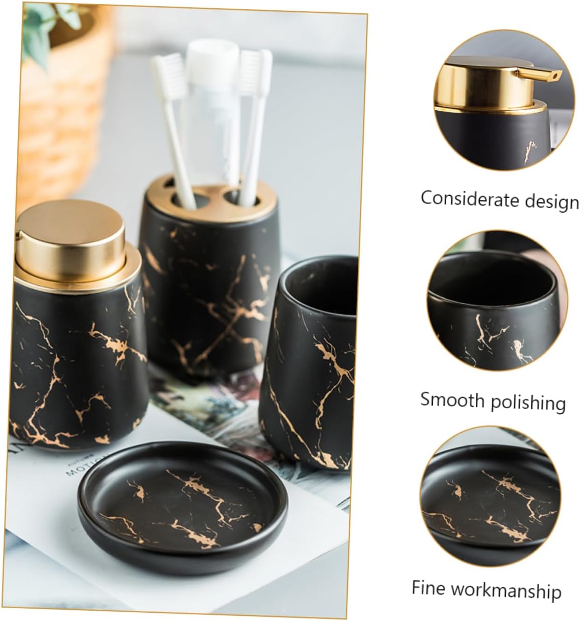 PRETYZOOM Ceramic Bathroom Washing Cup Set 4-Piece Toothbrush Holder Toothpaste Cup Lotion Bottle Dark Green for Home and Travel Use