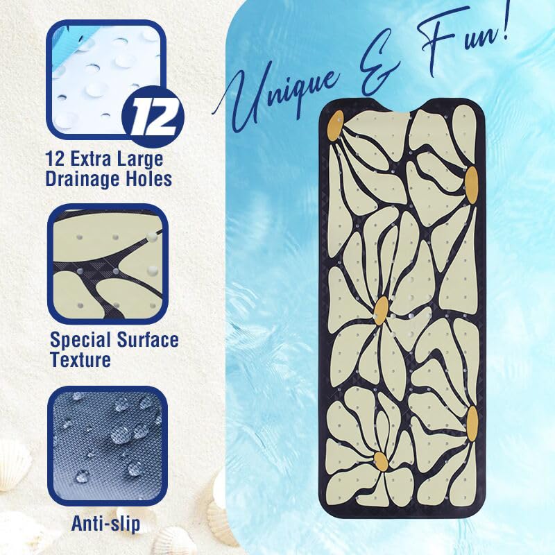 Floral Bathtub Mat Non Slip for Kids Botanical Extra Long Anti Slip Bath Mat for Tub Abstract Flower Bath Shower Mat with Large Drain Holes and Suction Cups Quality Plant Design Bathroom Decor 40x16in - Image 4