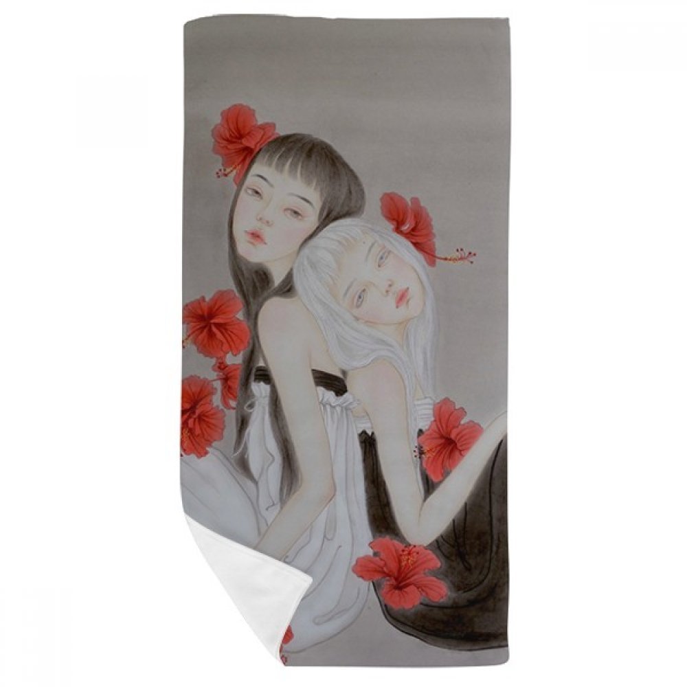 Serviette de bain motif fleur rouge aquarelle en tissu doux 35x70 cm style chinois