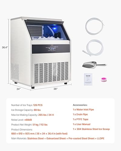Miniatura 16 de VEVOR Máquina comercial para hacer hielo, máquina de hielo de 120 libras/24 horas con capacidad de almacenamiento de 33 libras, 55 cubitos de hielo