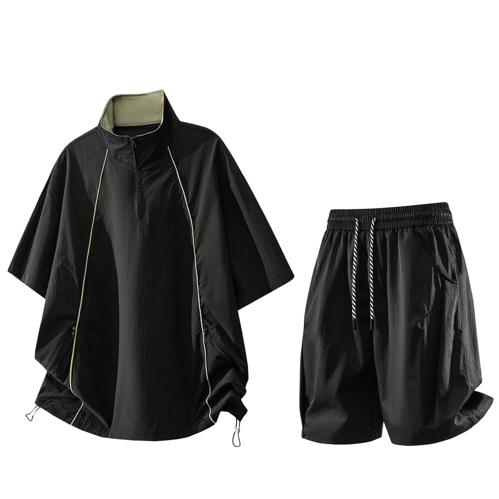 Conjunto Deporte Cremallera Media Cuello Alto Seda Hielo Transpirable Malla Camiseta Shorts-Black-XL