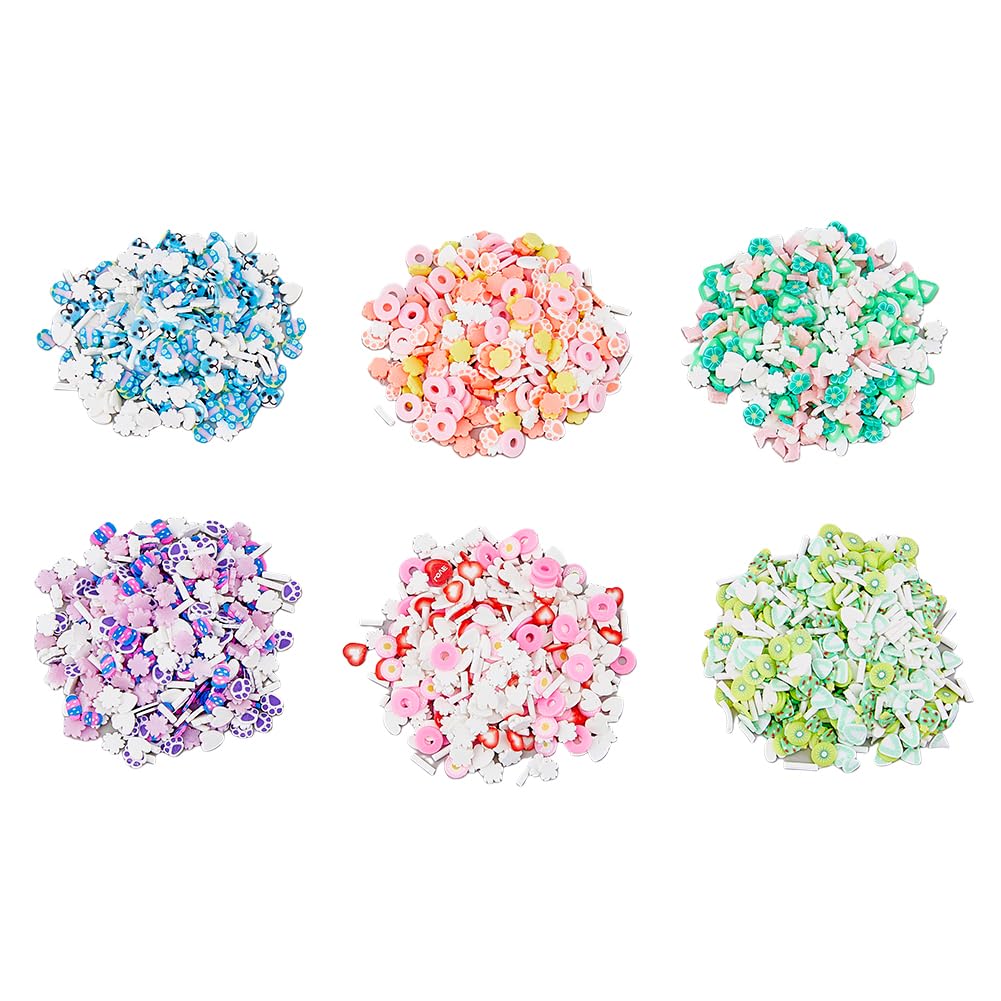 SUPERFINDINGS 150G 6 Style Couleurs Mini 3D Fimo Tranches Slimes Fruits Fleurs Tranches pour Slime Assortiment de Tranches de Slime en Argile Polymère Coeur Ours en Vrac Tranches d'argile Fimo