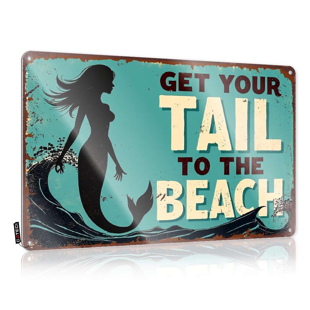 Prints Gift For Girlfriend Tin Wall Decor | Mermaid Silhouette With Text "get Your Tail To The Beach." Awesome Decorative Wall Art Ready To Hang For Barn(20X30CM)