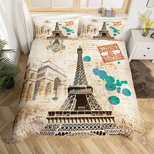 Feelyou Eiffel Tower Duvet Cover Set Queen Size France Paris Landscape Decor Bedding Set Famous City Scene Print Comforter Cover Cityscape Bedspread Cover Microfiber Quilt Cover Zipper #TOP15