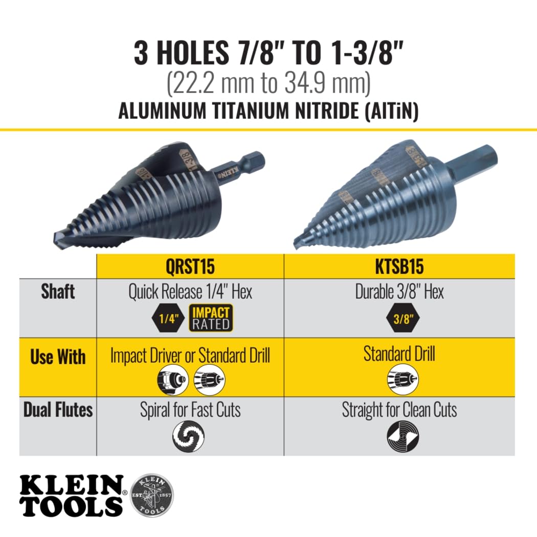 Klein Tools QRST15 wiertło stopniowe, spirala szybkiego uwalniania, podwójnie gwintowana, 7/8 do 1-3/8 cala, chwyt sześciokątny, stal cięta, drewno, plastik, aluminium