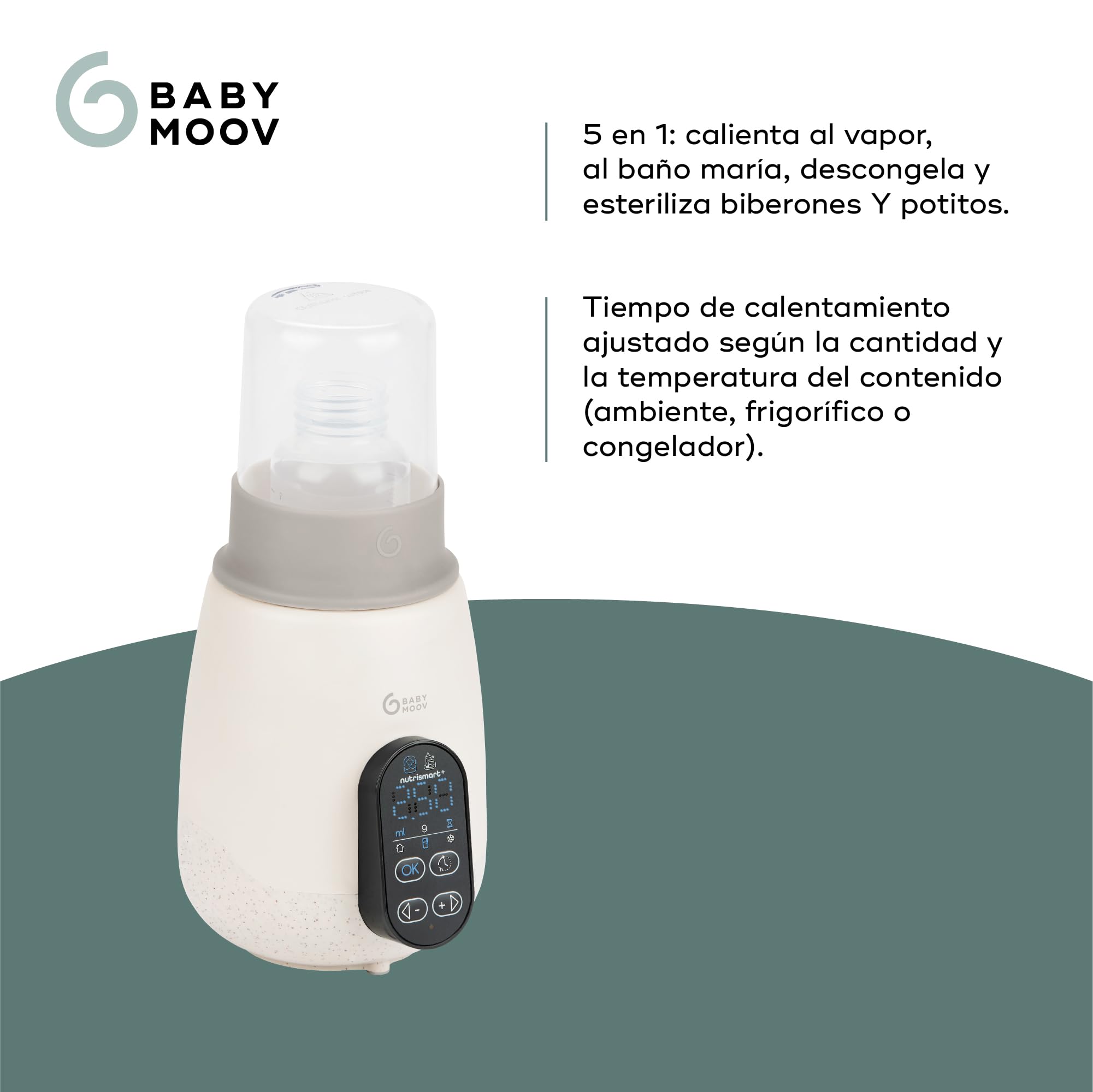 Babymoov Calentabiberones y esterilizador NutriSmart(+) - Portátil - Casa y coche - Adaptador, cesta y tapa incluidos - Calentamiento programable - Función de mantenimiento del calor durante 1 hora