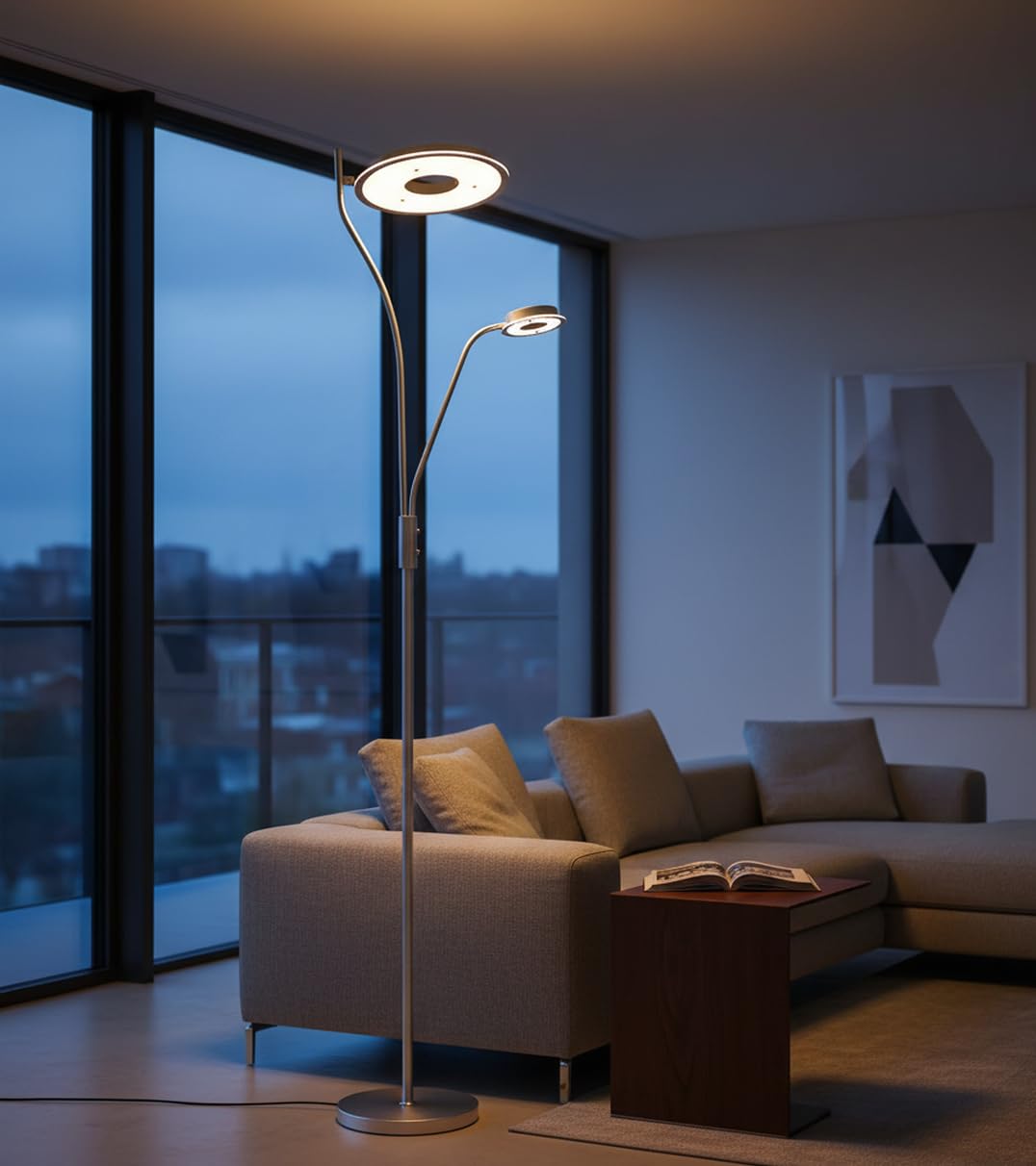 BEL AIR HOME - Lámpara de Pie GENOVA - 179CM Alto LED 28W+7W Dimmer Brazo de Lectura Orientable Luz Ajustable 3000K 4000K 6500K Diseño Moderno Eficiencia Energética (PLATA)