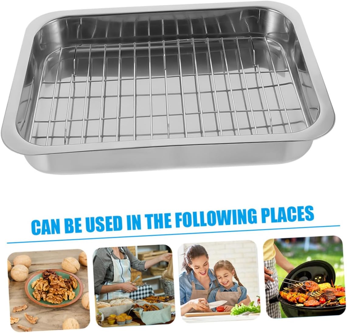 Multi-Purpose Stainless Steel Baking Tray with Rack Rectangular Oven Tray for Kitchen Baking Dishwasher Safe for Roasting 1 Piece Set