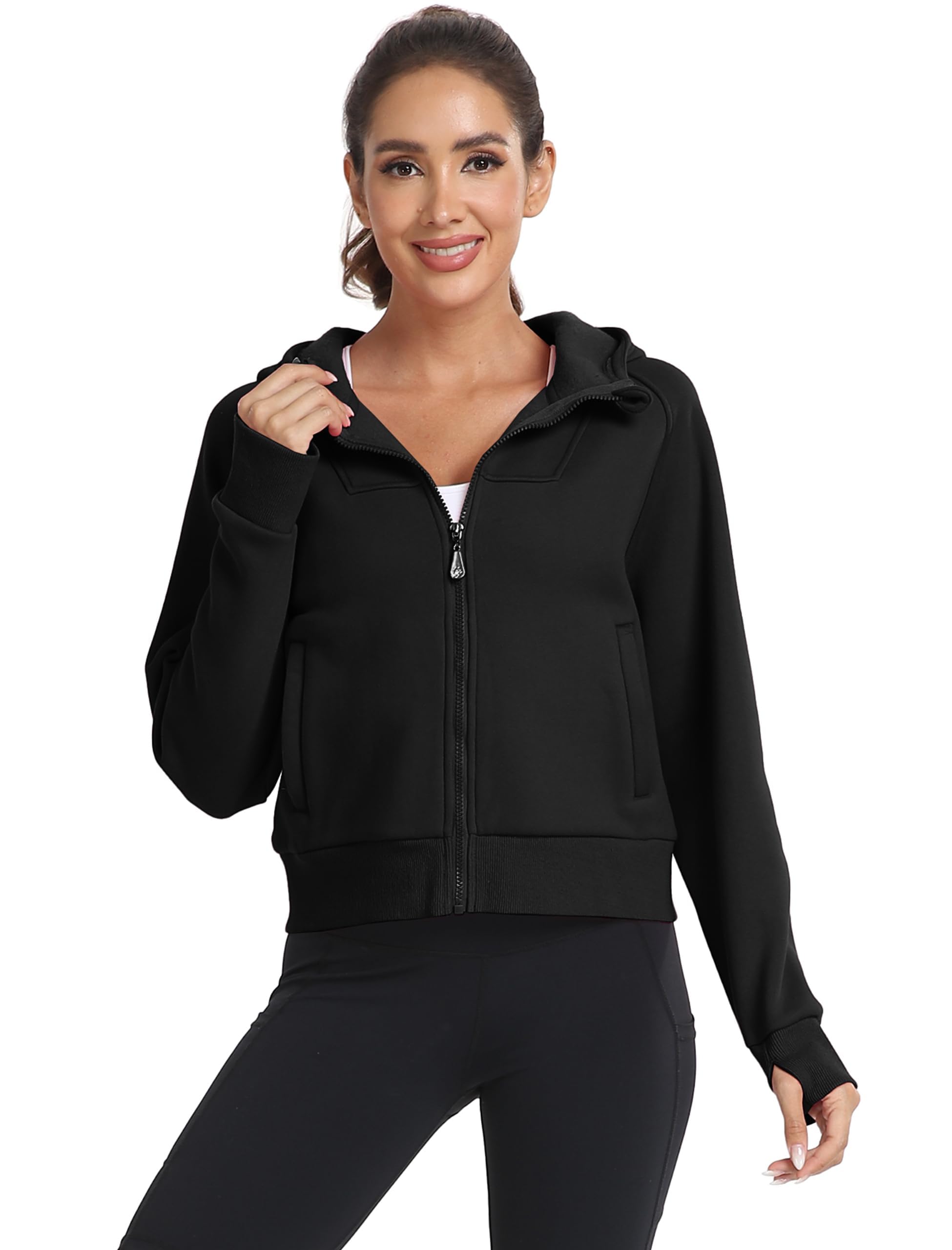 MoFiz Vestes de Sport Femme Sweats à Capuche Doublé Polaire Chaud Veste de Course Manche Longue avec Zip